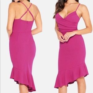 BeBe M Crossover Flounce Midi Dress Fuchsia pink dress